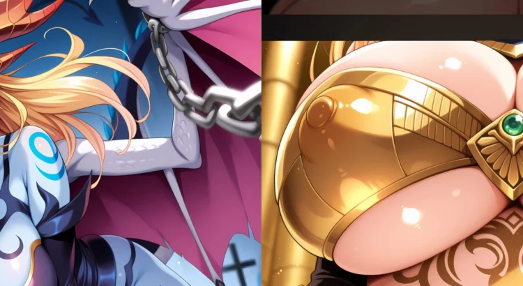 NSFW anime-style dragon girl with fiery horns and chains