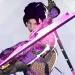 Psylocke in skimpy purple and red mod armor holding a glowing katana
