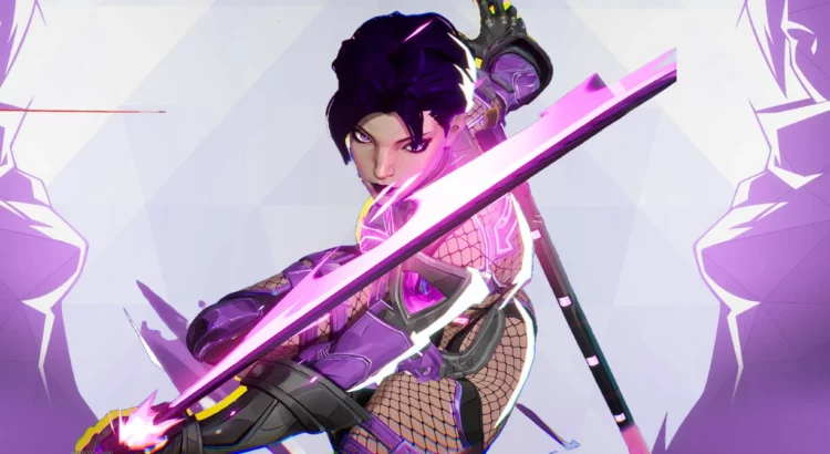 Psylocke in skimpy purple and red mod armor holding a glowing katana