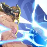 Shirtless Thor swinging Mjolnir with lightning effects