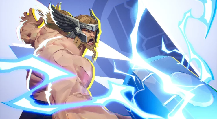 Shirtless Thor swinging Mjolnir with lightning effects