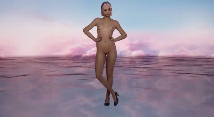 High-quality nude female character standing in serene pink and blue environment – inZOI mod