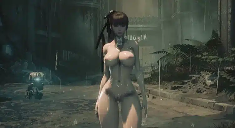 Stellar Blade mod showing nude Eve walking through a rainy cityscape