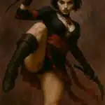 Warhammer 40K Rogue Trader modded companion in black outfit raising daggers