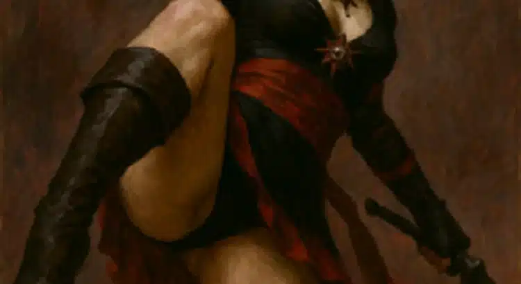 Warhammer 40K Rogue Trader modded companion in black outfit raising daggers