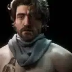 Gustave shirtless with visible tattoos on character stats screen in Clair Obscur: Expedition 33