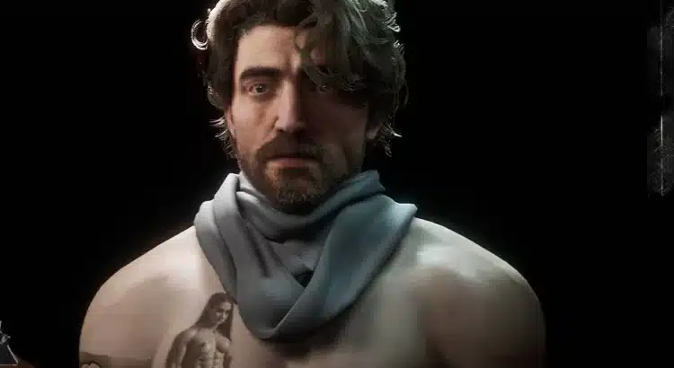 Gustave shirtless with visible tattoos on character stats screen in Clair Obscur: Expedition 33