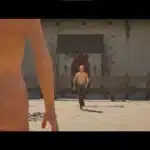 Naked fighter facing opponent in medieval arena