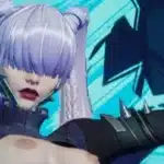 Magik in a black and nude punk outfit with twin tails and electric blue background