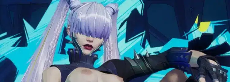 Magik in a black and nude punk outfit with twin tails and electric blue background
