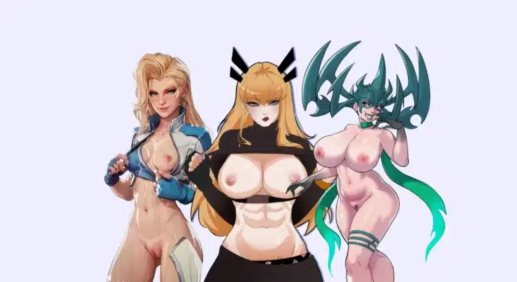 Three NSFW-styled Marvel Rivals female characters with exaggerated anatomy and exposed