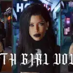Cyberpunk 2077 Sexy Goth Girl mod character posing in leather with tattoos and dark makeup
