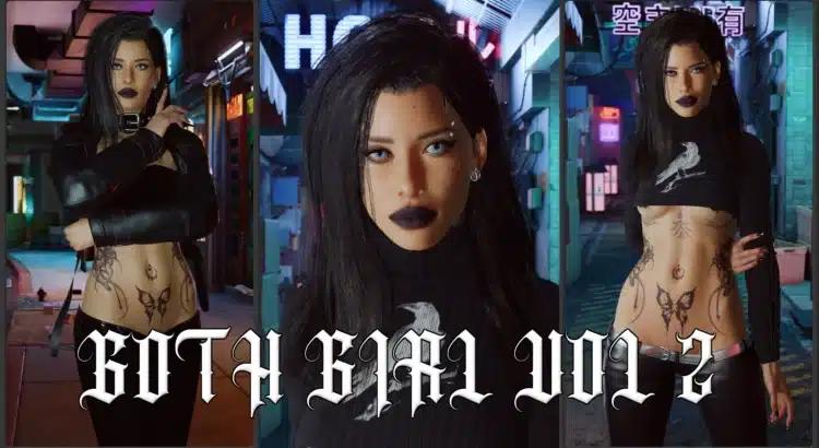 Cyberpunk 2077 Sexy Goth Girl mod character posing in leather with tattoos and dark makeup