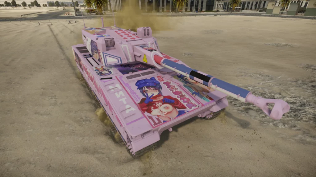 A custom-modified CV 90105 tank in War Thunder, sporting a bold and vibrant anime-themed NSFW camo. The design features detailed anime artwork, adding a unique flair to the battlefield experience.