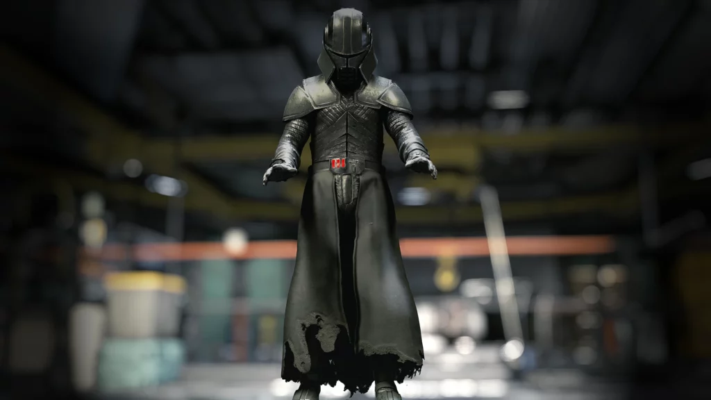 Starkiller armor mod in Starfield, dark plating and tattered cloak.