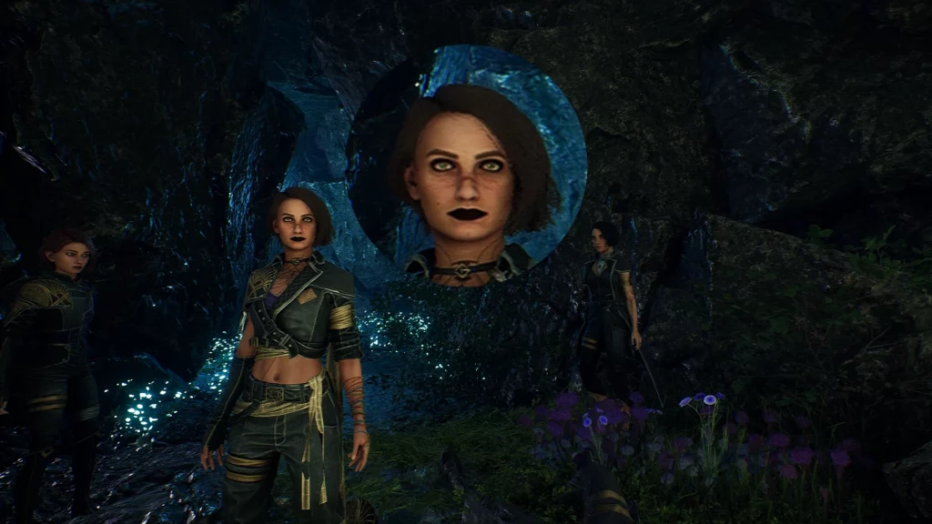 Sciel in the depths of Clair Obscur: Expedition 33, showcasing her new dramatic makeup look with dark lipstick and bold eyeshadow. The mod enhances her character design, bringing a fierce and stylish presence to the dark caves of the game world.