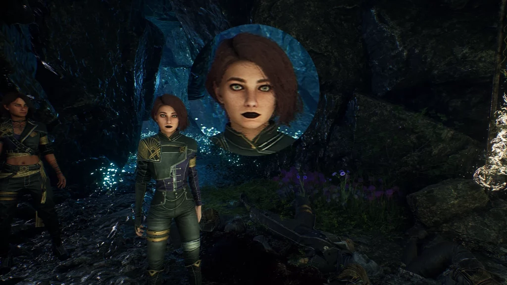 Maelle standing beside the mystical roots in Clair Obscur: Expedition 33. Her bold black lipstick and sharp eye makeup contrast beautifully with the glowing environment, highlighting the mod's customization
