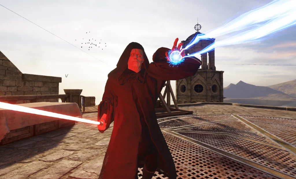 Emperor Palpatine unleashing Force Lightning in Blade & Sorcery: Nomad – Star Wars Armor and Waves Mega-Pack. His iconic red lightsaber and devastating dark side abilities bring authentic Sith power to VR duels.