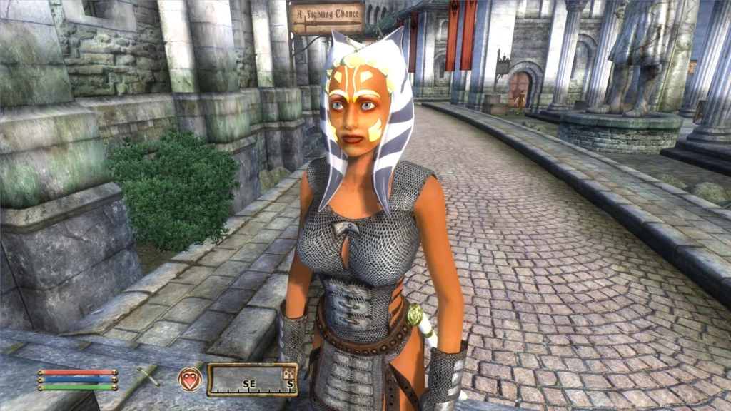 Ahsoka Tano character model in Oblivion Remastered, showcasing the iconic Togruta headpiece and vibrant tattoos inspired by Star Wars: The Clone Wars. The mod faithfully brings her appearance into the world of Tamriel with intricate detailing and immersive design.