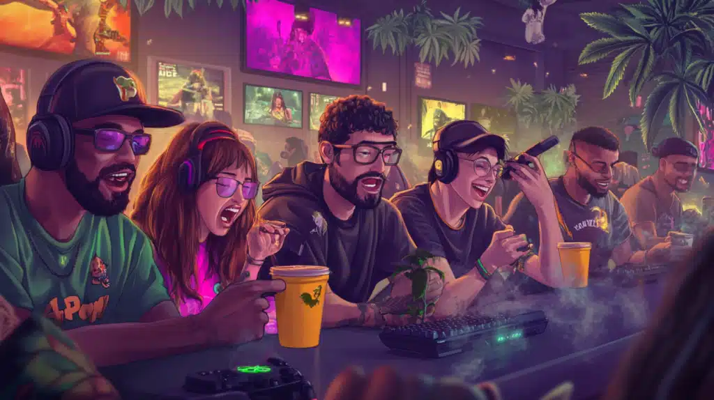 A vibrant online gaming community hub with players connected through voice chat, virtual avatars celebrating 4/20-themed events, and cannabis-themed game elements