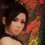Mai Shiranui from Dead or Alive 5 displayed in the nude mod, set against a vibrant autumn background. The mod enhances visual detail with high-resolution textures, highlighting Mai's elegance and strength amidst beautifully rendered foliage.
