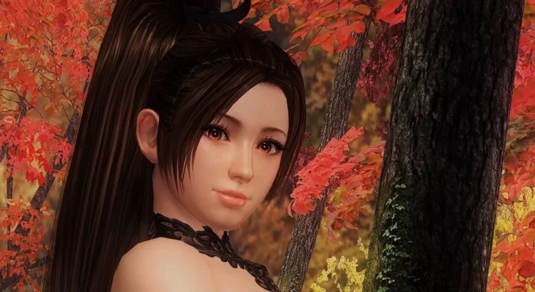 Mai Shiranui from Dead or Alive 5 displayed in the nude mod, set against a vibrant autumn background. The mod enhances visual detail with high-resolution textures, highlighting Mai's elegance and strength amidst beautifully rendered foliage.