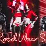 Cyberpunk 2077 mod showcasing the "Rebel Wear Set" featuring edgy, cyberpunk-inspired fashion. Stylish leather tops, bold patterns, and futuristic designs bring a new level of attitude to the streets of Night City.