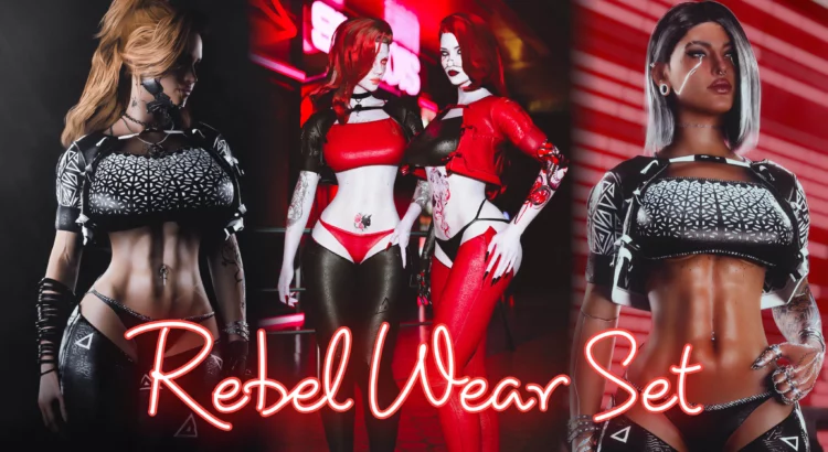 Cyberpunk 2077 mod showcasing the "Rebel Wear Set" featuring edgy, cyberpunk-inspired fashion. Stylish leather tops, bold patterns, and futuristic designs bring a new level of attitude to the streets of Night City.