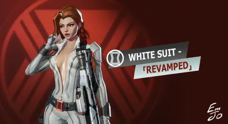 The opening splash screen for the Marvel Rivals - Skimpy Black Widow White Suit Mod, showcasing a bold new look for Natasha Romanova. The sleek, white suit is reimagined with a minimalist design that emphasizes her signature style.
