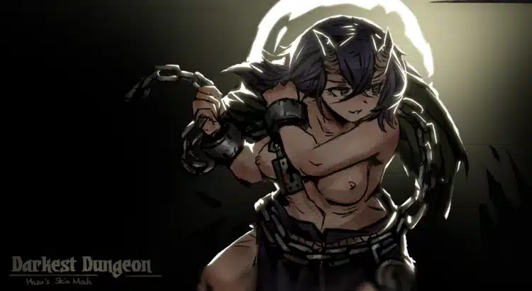 Hazu in her chained demon form from the Darkest Dungeon NSFW skin mod. Description: This image showcases Hazu in her Abomination form, wrapped in chains and marked with demonic features. The detailed artwork brings a bold, gritty look to Darkest Dungeon's iconic Abomination class.