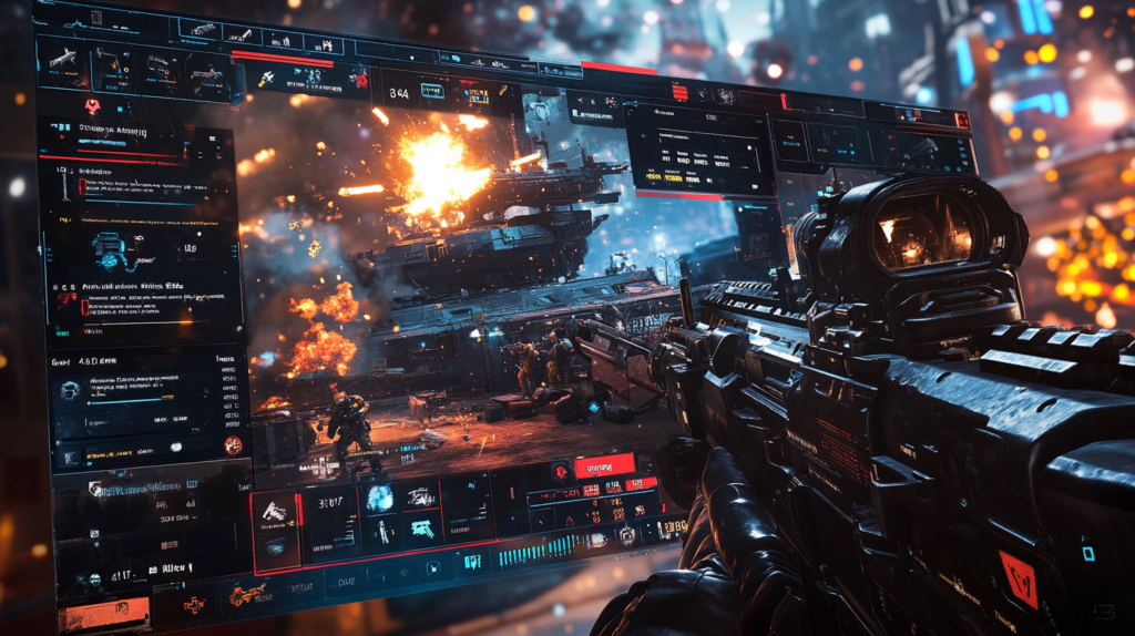 Futuristic battlefield in Black Ops 6 with live weapon customization and real-time mission data on a high-tech player interface.