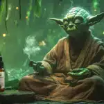 Yoda meditating peacefully in his hut on Dagobah, surrounded by mist and greenery, with a bottle of CBD oil beside him. The serene setting highlights his mastery of mindfulness and the calming effects of CBD. Perfect visualization of Jedi relaxation through natural wellness.