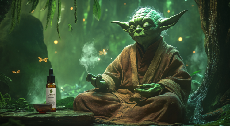 Yoda meditating peacefully in his hut on Dagobah, surrounded by mist and greenery, with a bottle of CBD oil beside him. The serene setting highlights his mastery of mindfulness and the calming effects of CBD. Perfect visualization of Jedi relaxation through natural wellness.