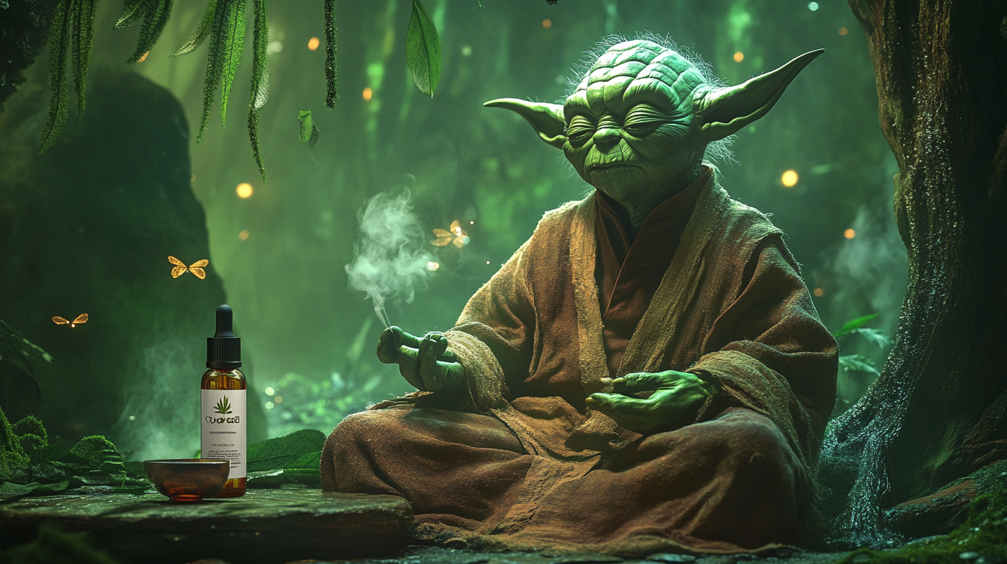 Yoda meditating peacefully in his hut on Dagobah, surrounded by mist and greenery, with a bottle of CBD oil beside him. The serene setting highlights his mastery of mindfulness and the calming effects of CBD. Perfect visualization of Jedi relaxation through natural wellness.