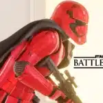 Captain Cardinal in crimson armor in Star Wars Battlefront II – First Order soldier.