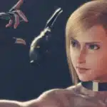 A stunningly rendered female character from a game, with blonde hair and sharp blue eyes, confidently handling a grenade with poised precision. Her leather glove and futuristic choker hint at a gritty, combat-focused universe.
