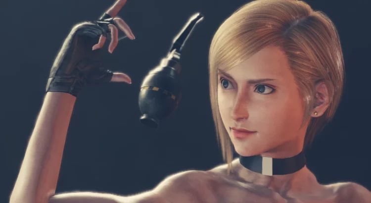 A stunningly rendered female character from a game, with blonde hair and sharp blue eyes, confidently handling a grenade with poised precision. Her leather glove and futuristic choker hint at a gritty, combat-focused universe.