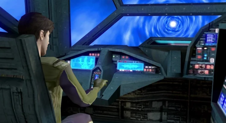 Atton Rand piloting the Ebon Hawk through hyperspace in Knights of the Old Republic II: The Sith Lords. The restored dialog mod brings back Atton's conversation about the astronavigation system, adding depth to this iconic scene.
