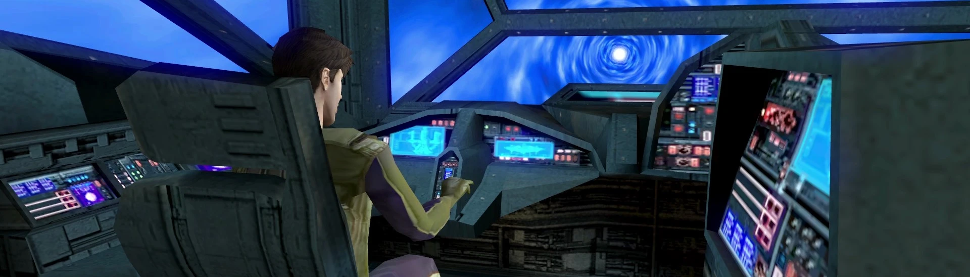 Atton Rand piloting the Ebon Hawk through hyperspace in Knights of the Old Republic II: The Sith Lords. The restored dialog mod brings back Atton's conversation about the astronavigation system, adding depth to this iconic scene.