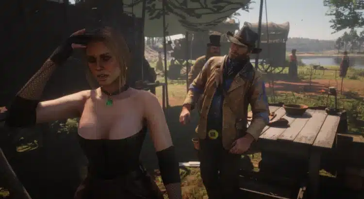 Sadie Adler in a sexy corset outfit standing at the Van der Linde gang’s camp in Red Dead Redemption 2
