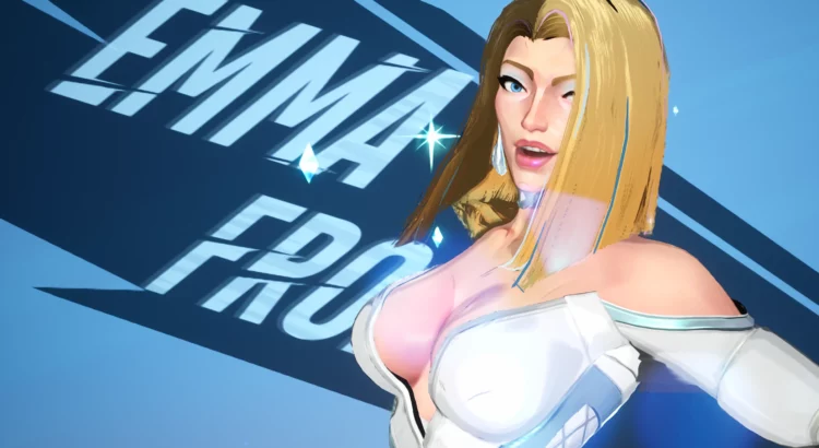 Emma Frost hero profile screen with long blonde hair and sexy white costume