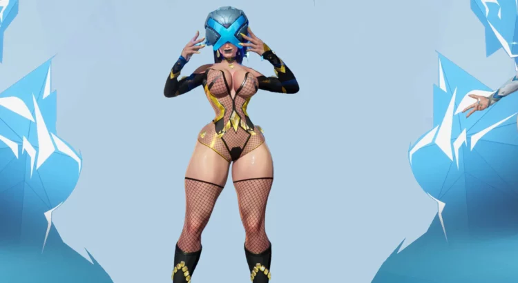 Front and side views of Emma Frost in fishnet bodysuit with modded skimpy outfit