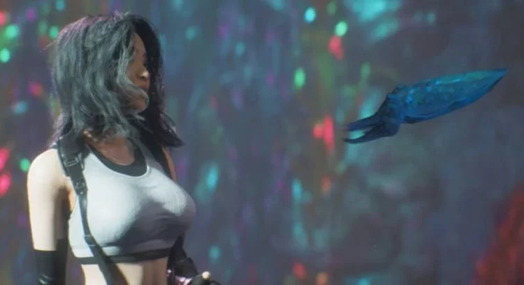 Lune in Tifa outfit facing a floating creature