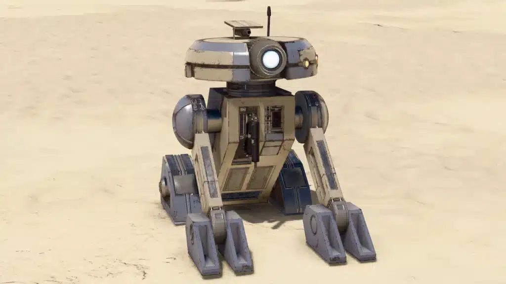 Close-up of T3-M4 droid in a sandy terrain