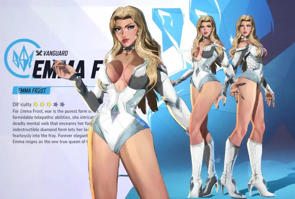 Full character select preview of Emma Frost in modded white outfit