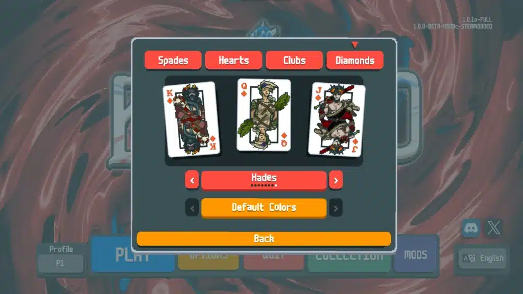 Card selection screen in Balatro featuring Hades deck preview and suit categories.