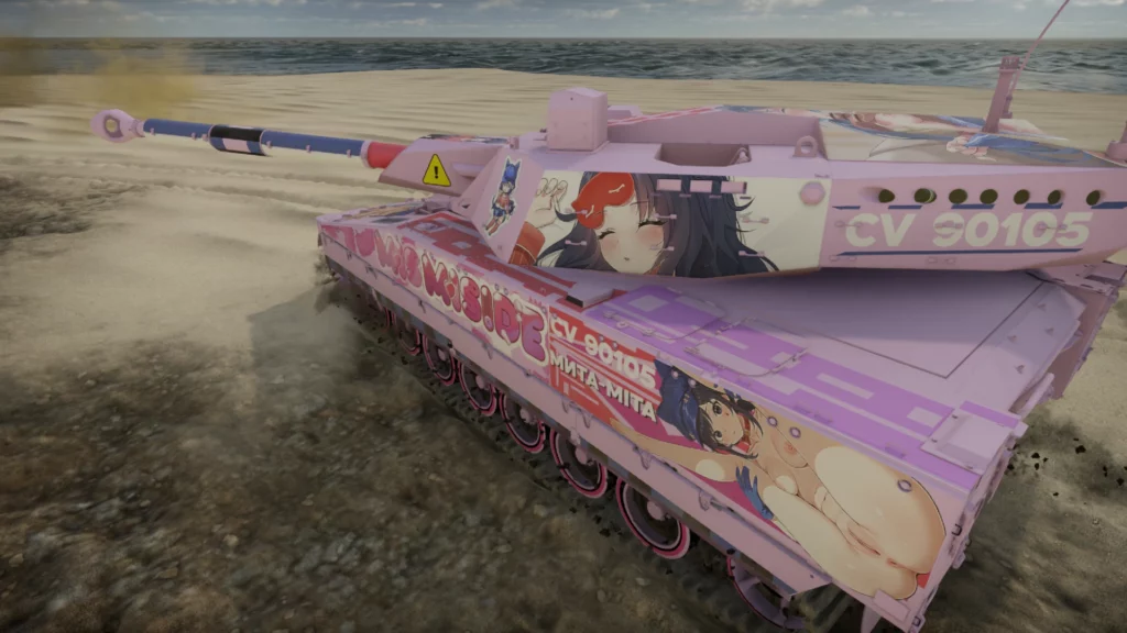 Side view of the CV 90105 tank in War Thunder, displaying the NSFW Miside-Mita camo. The artwork includes vivid anime characters and custom graphics, enhancing the vehicle's visual impact in combat.