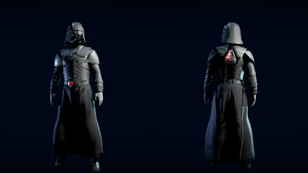 Front and back views of the Starkiller armor mod in Starfield. The design faithfully replicates the menacing aesthetic from The Force Unleashed, including intricate armor detailing and the signature helmet.