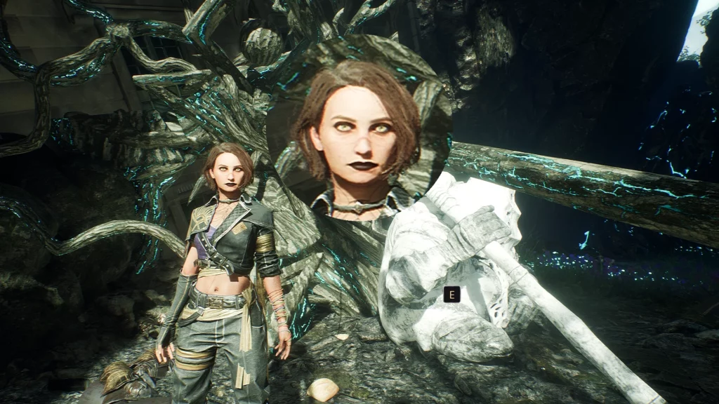 A close-up of Sciel's new makeup style in Clair Obscur: Expedition 33. The dark eyeliner and gothic lipstick give her an edgy appearance that complements the mysterious game environment. The glowing blue background adds a mystical vibe to the scene.