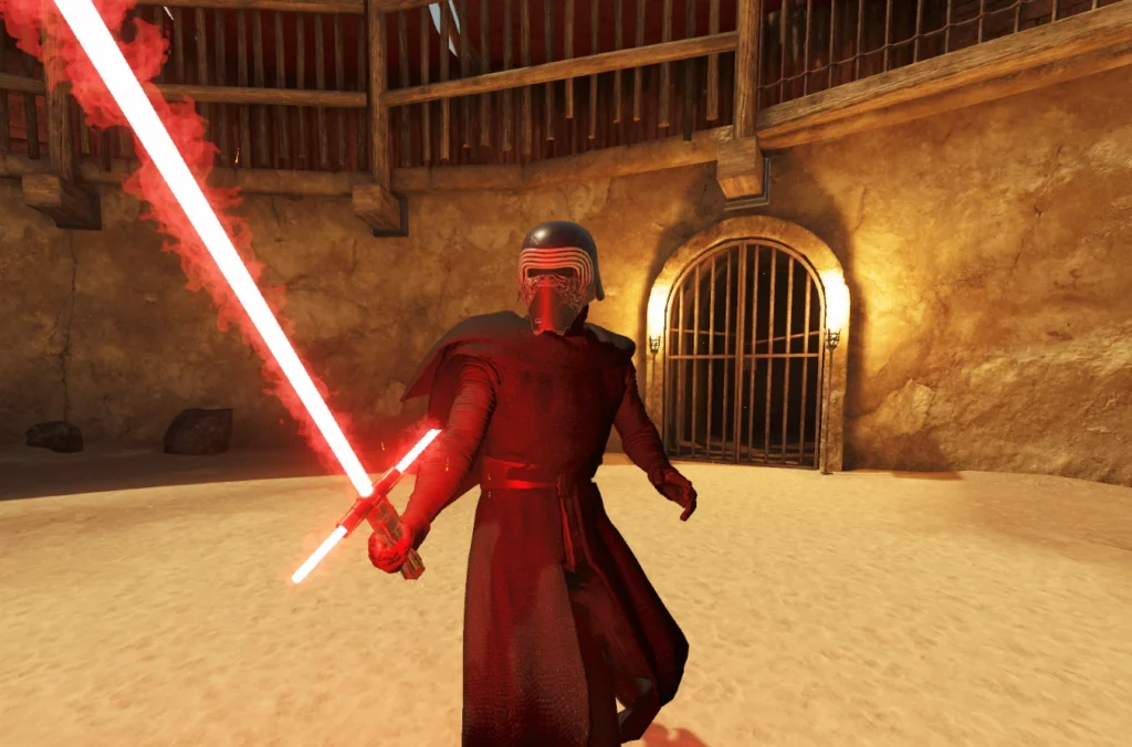 Kylo Ren igniting his crossguard lightsaber in Blade & Sorcery: Nomad – Star Wars Armor and Waves Mega-Pack. The detailed armor and realistic saber effects elevate the immersive experience in VR combat.